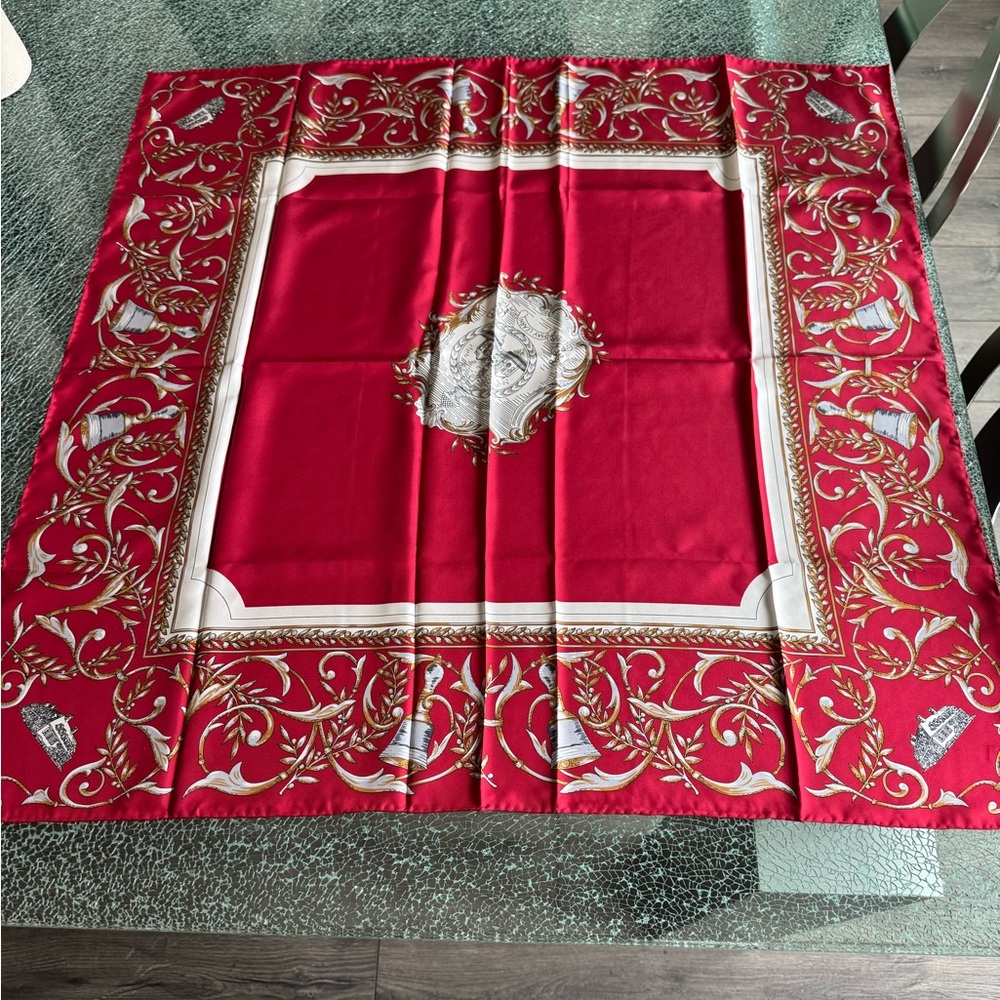 Hampton hall Red Decorative Silk-Style Scarf with red and White‎ Scroll Motif